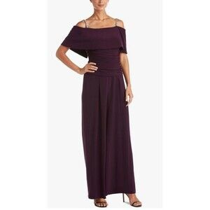 R&M Richards Womens 14P Sleeveless Jeweled Jumpsuit Plum Stretch Wedding Formal